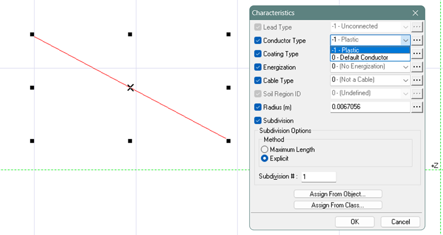 SESCAD Characteristics dialog showing Conductor Type set to Plastic