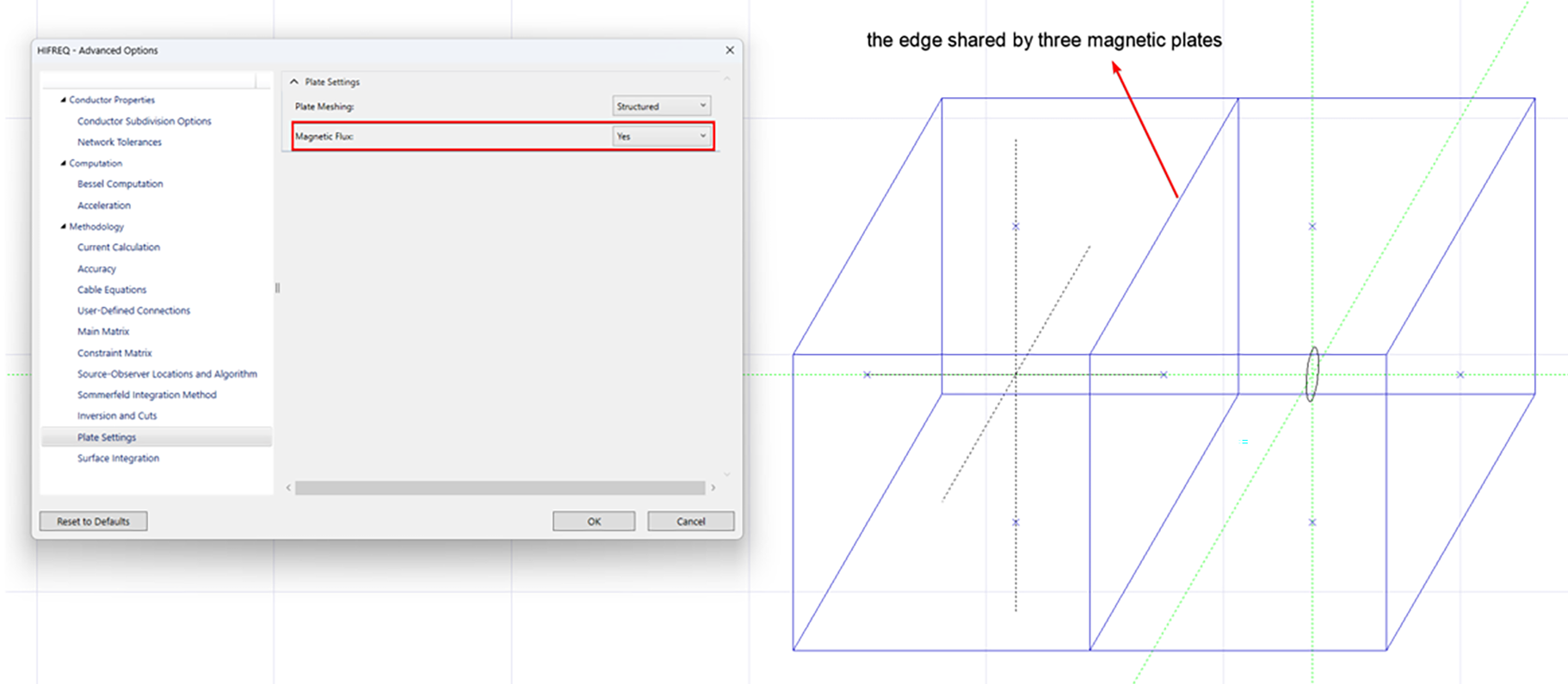 Plate Settings dialog with Magnetic Flux option and 3D wireframe showing a shared plate edge