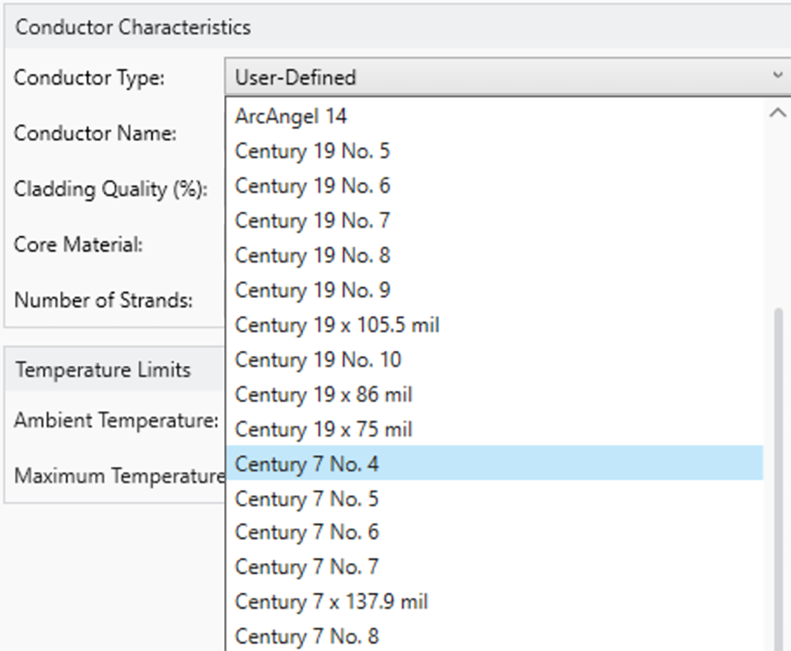 SESAmpacity Conductor Characteristics dialog listing Copperweld conductor types