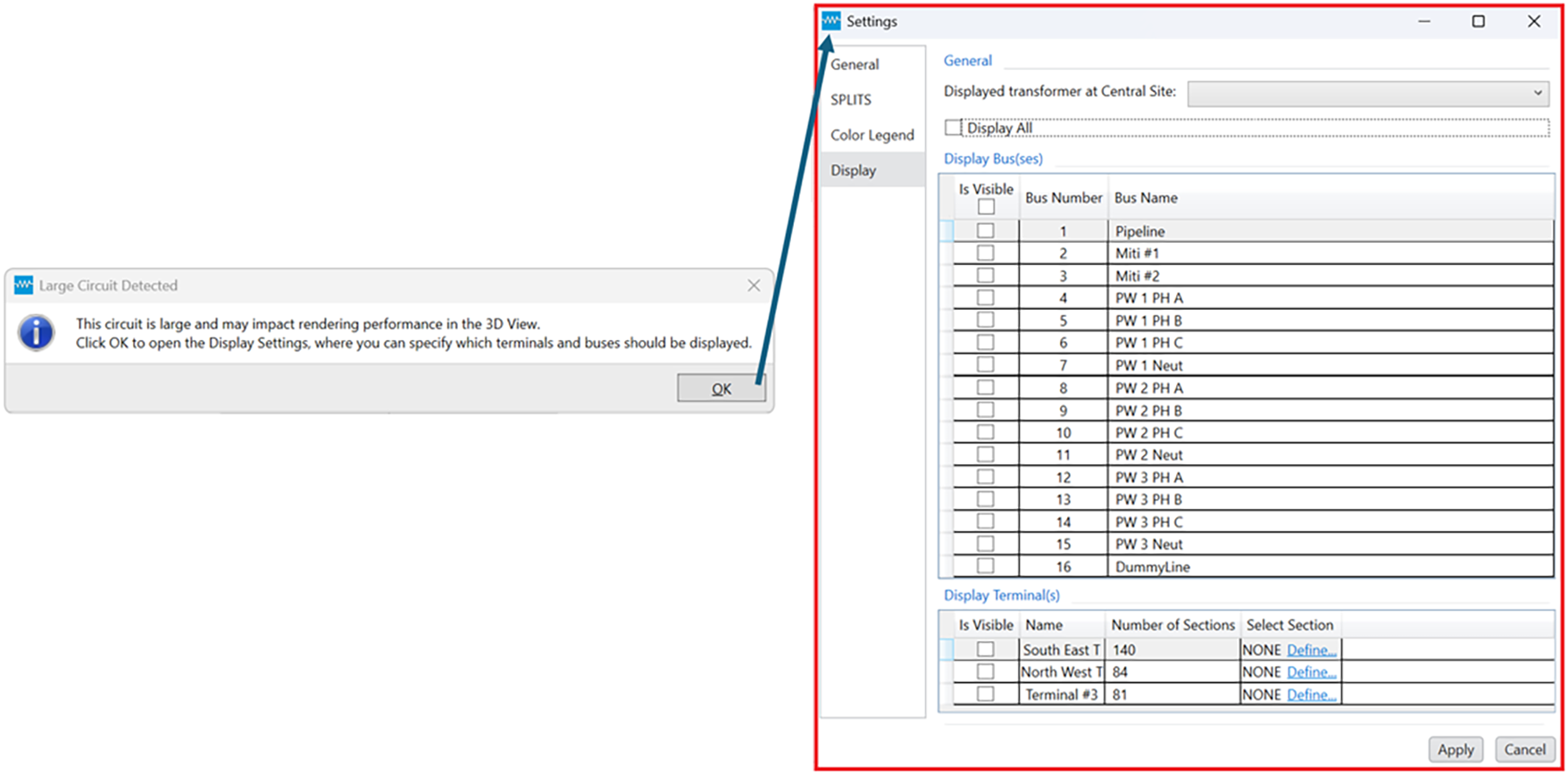 SESCircuitSimulator Large Circuit Detected message and Display Settings dialog