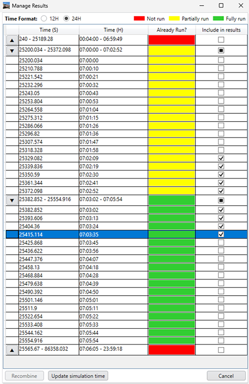 Manage Results table showing time entries and already-run status color coding