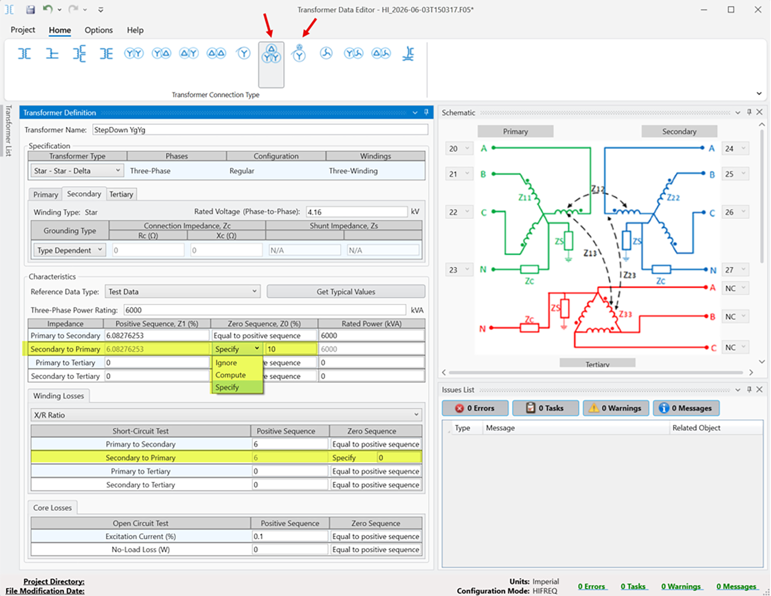 Transformer Data Editor showing zero-sequence impedance options: Ignore, Compute, Specify