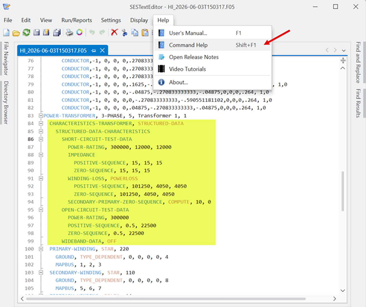 SESTextEditor showing Structured-Data-Characteristics code and CDEGS Commands help window