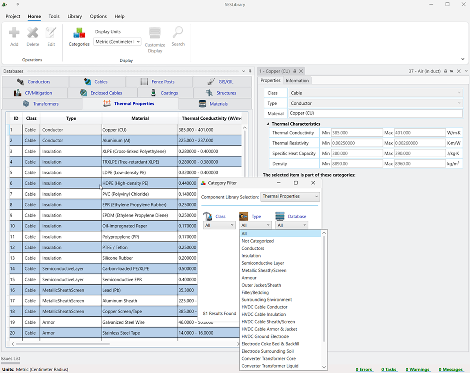 SESLibrary Thermal Properties database showing material categories and thermal characteristics
