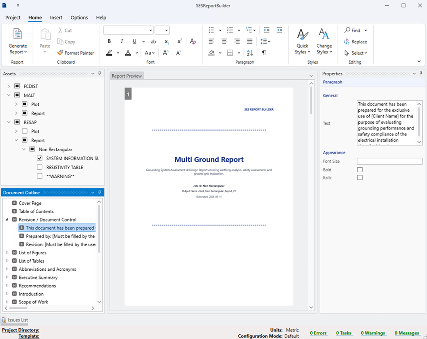 SESReportBuilder main editor with generated report preview, asset panel, document outline, and properties panel
