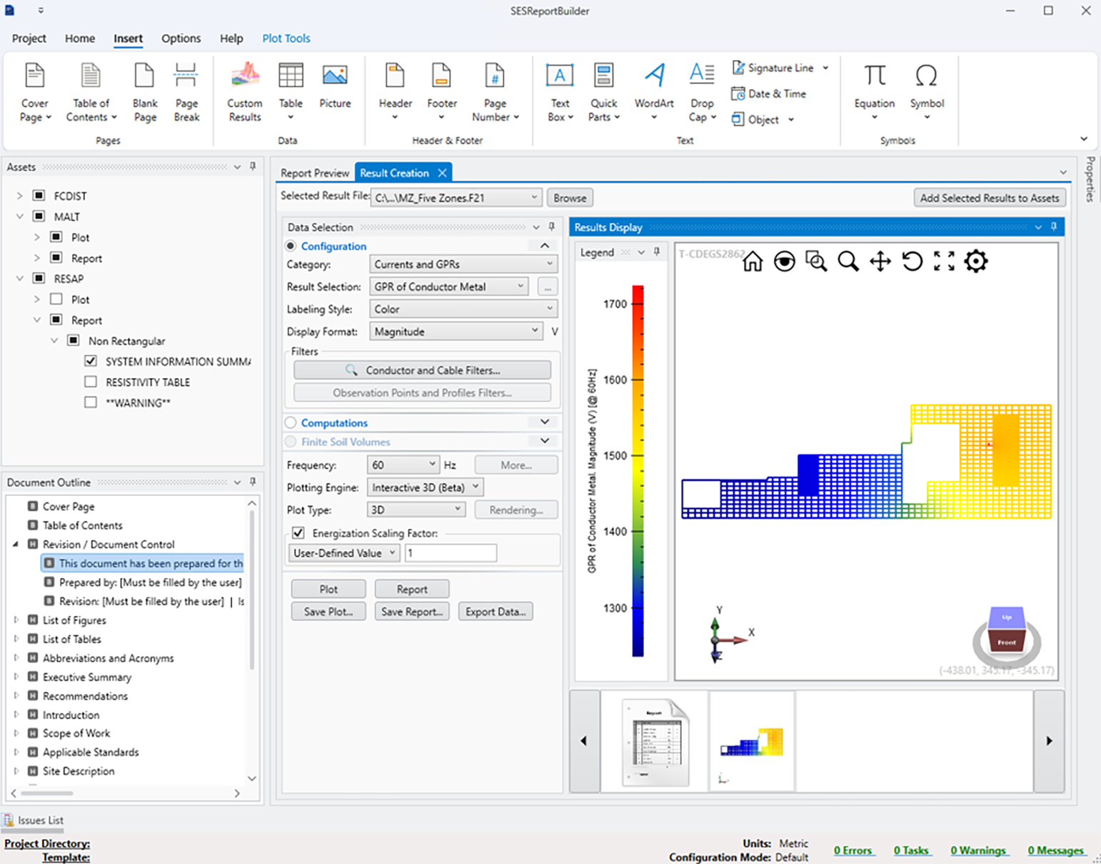 Result creation view showing interactive selection of computation results and plot/report generation options