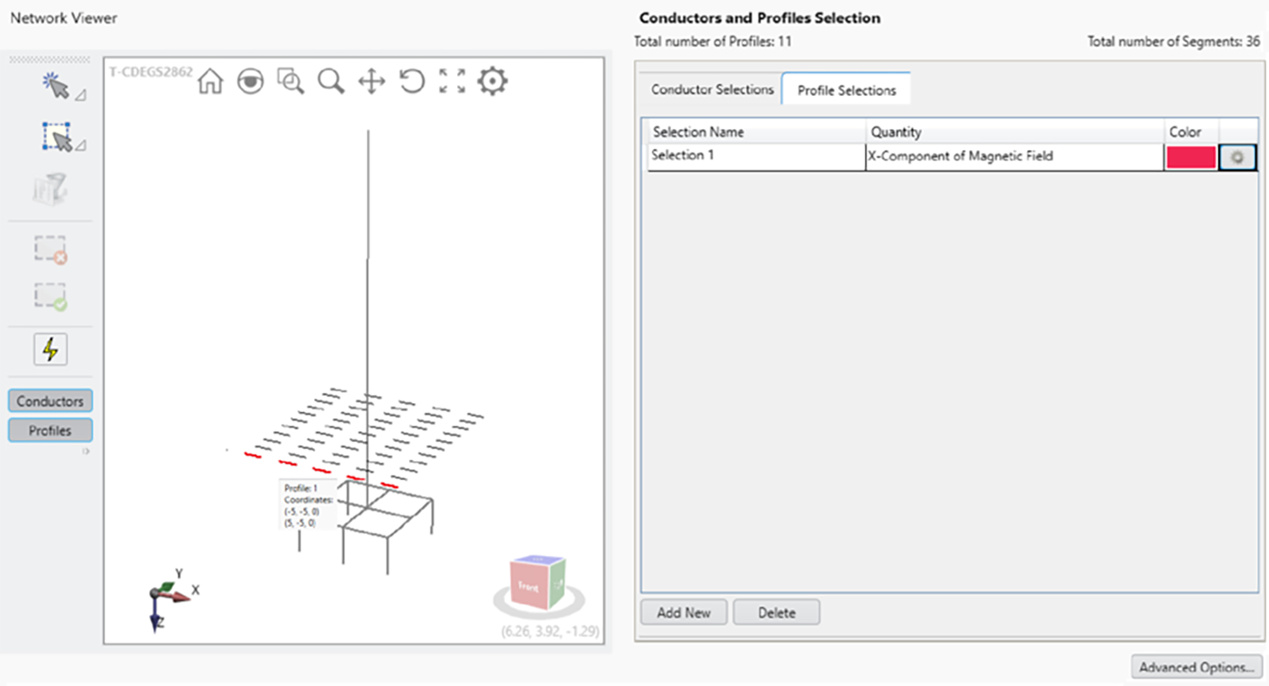 Network Viewer with Conductors and Profiles Selection panel for graphical selection of observation points and profiles