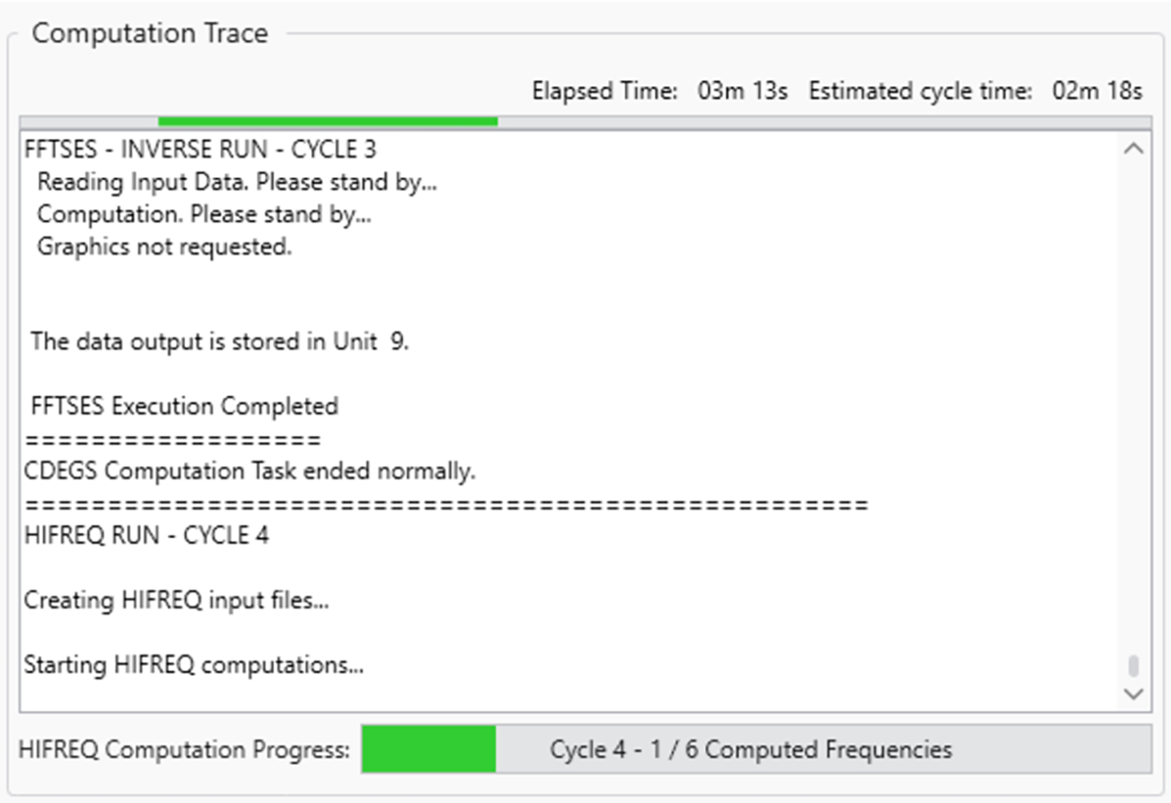 Computation Trace window showing elapsed time and estimated cycle time