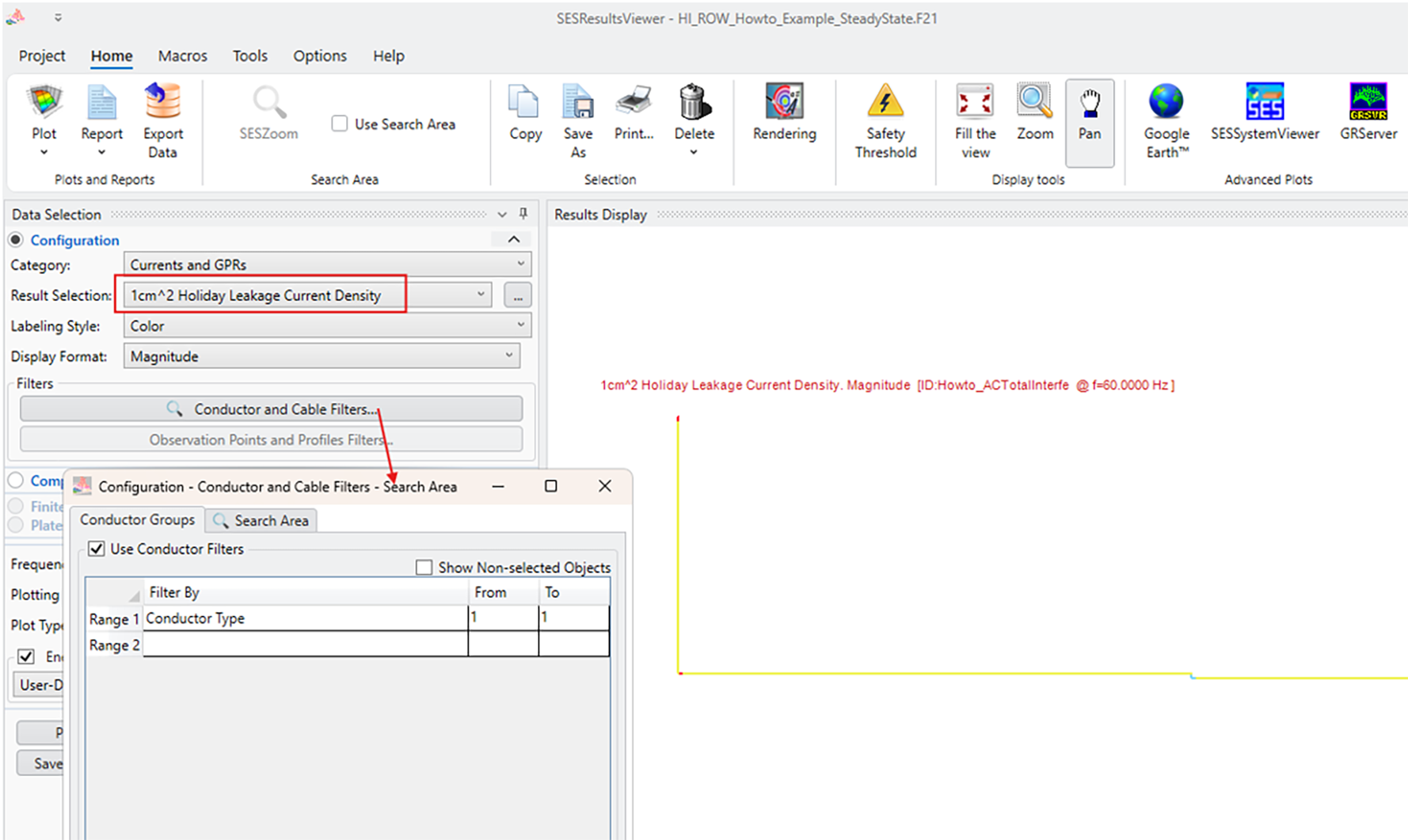 SESResultsViewer showing 1 cm squared Holiday Leakage Current Density configuration and plot