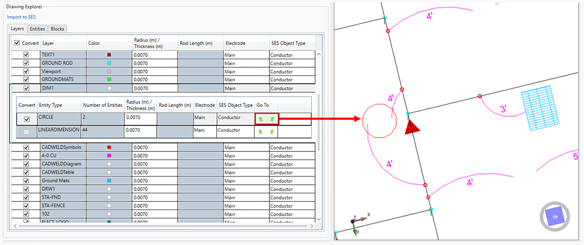 Drawing Explorer with Go To feature highlighting an entity in the interactive 3D view